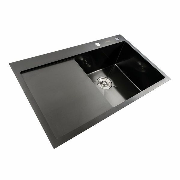 Кухонна мийка чорна PVD 78*48 R Platinum Handmade (два отвори, круглий сифон 3,0/0,8) 42218 фото