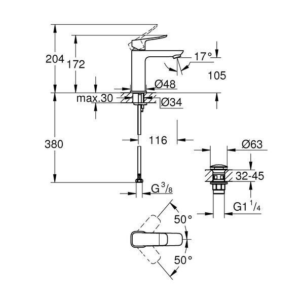 Змішувач для раковини Grohe QuickFix Dice M-Size 1018332430 з донним клапаном CV036188 фото