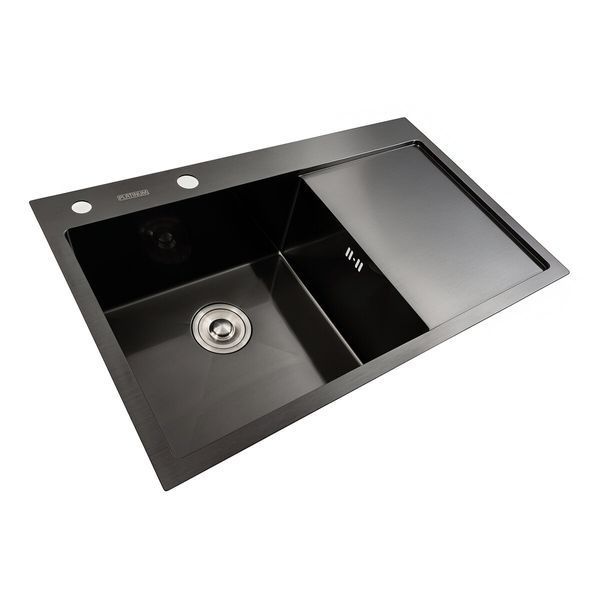 Кухонна мийка чорна PVD 78*48 L Platinum Handmade (два отвори, круглий сифон 3,0/0,8) 42219 фото