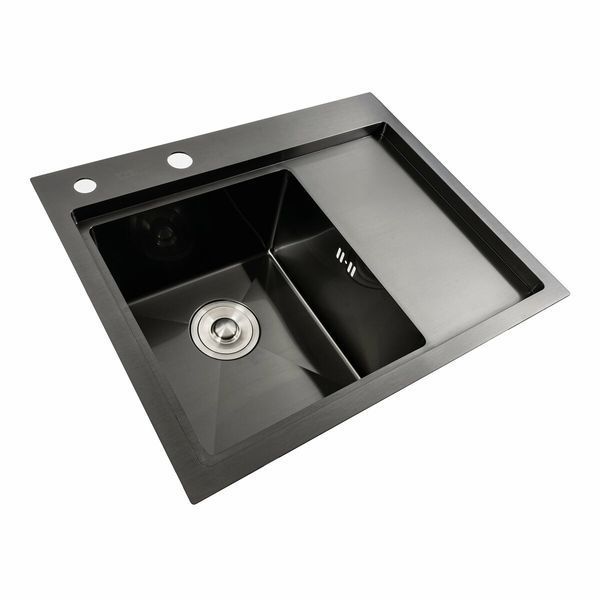 Кухонна мийка чорна PVD 58*48 L Platinum Handmade (два отвори, круглий сифон 3,0/0,8) 42226 фото