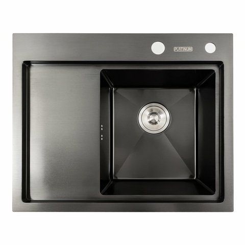 Кухонная мойка черная PVD 58*48 R Platinum Handmade (два отверстия, круглый сифон 3,0/0,8) 42227 фото