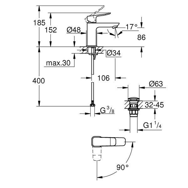 Смеситель для раковины Grohe QuickFix Dice ES S-Size 1018610000 с донным клапаном CV036203 фото