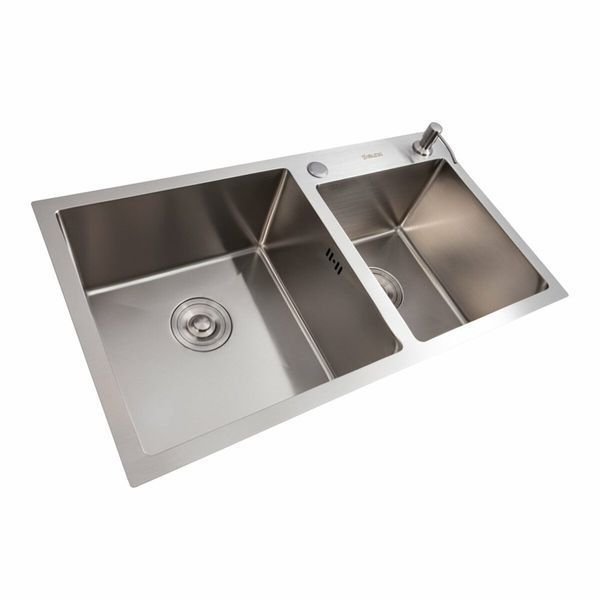 Кухонна мийка 78*43 нержавійка на дві чаші Platinum Handmade (3.0/0.8) 47096 фото