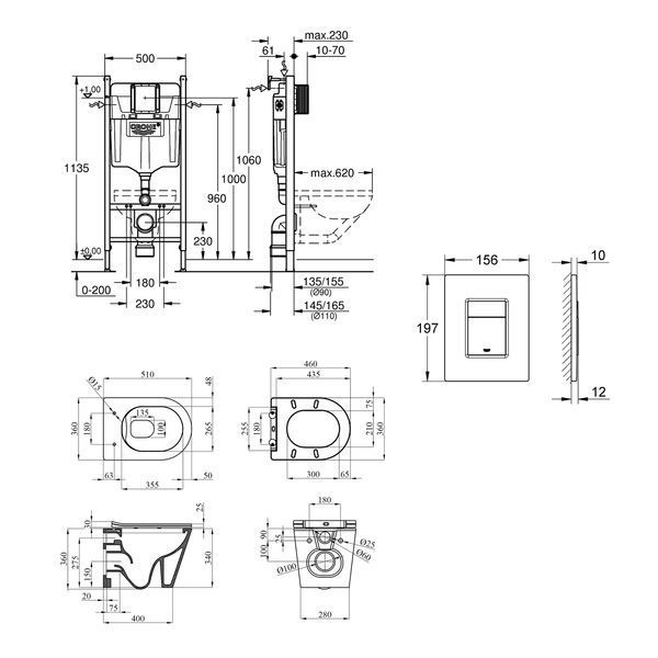 Комплект 4 в 1: Инсталляция Grohe Solido 2 в 1 38971000 + Панель смыва для унитаза Even Black 38966KV0 + Унитаз подвесной безобедочный Kroner Armada WHI513636 RIMLESS с сиденьем Slim Duroplast /Soft (38971966KV0KA51R) CV036752 фото