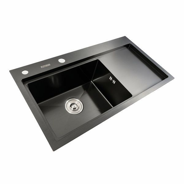 Кухонна мийка чорна PVD 78*43 L Platinum Handmade (два отвори, круглий сифон 3,0/0,8) 42230 фото
