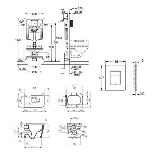 Комплект 4 в 1: Инсталляция Grohe Solido 2 в 1 38971000 + Панель смыва для унитаза Grohe Even Black 38966KV0 + Унитаз подвесной безобедочный Kroner Eifel WHI483429 TORNADO с сиденьем Slim Duroplast / Soft KE483429WHIT(38971966KV0KE48T) CV036753 фото