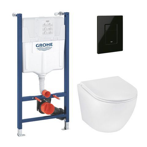 Комплект 4 в 1: Інсталяція Grohe Solido 2 в 1 38971000 + Панель змиву для унітаза Grohe Even Black 38966KV0 + Унітаз безобідковий Kroner Harz WHI483632 TORNADO з сидінням Slim Duroplast / Soft-close / Quick relase KH483632WHIT (38971966KV0KH48T) CV036754 фото
