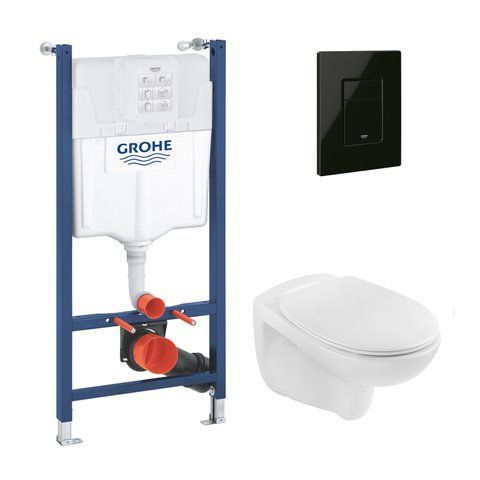 Комплект 4 в 1: Инсталляция Grohe Solido 2 в 1 38971000 + Панель смыва для унитаза Grohe Even Black 38966KV0 + Унитаз безободочный Kroner Oker WHI533536 RIMLESS с сиденьем Slim Duroplast / Soft-close6 (38971966KV0KO53R) CV036756 фото