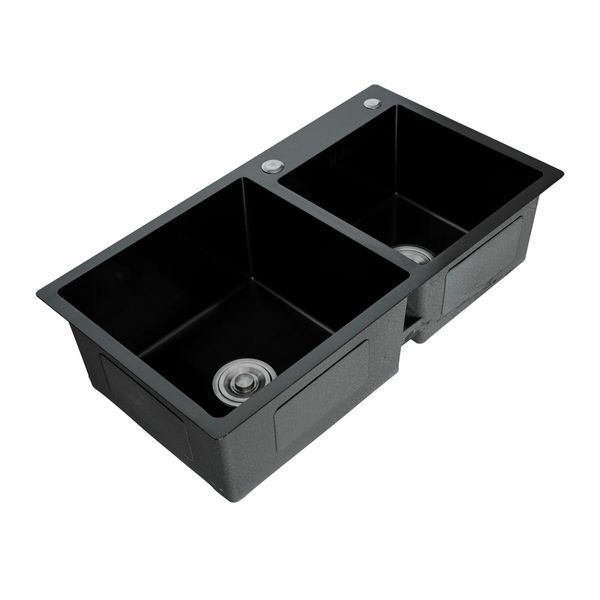 Кухонна мийка 78*43 PVD чорна на дві чаші Platinum Handmade HDB (круглий сифон, 3.0/0.8) 42631 фото