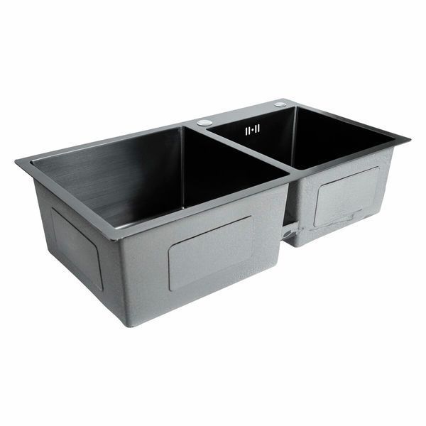 Кухонна мийка 78*43 PVD чорна на дві чаші Platinum Handmade HDB (круглий сифон, 3.0/0.8) 42631 фото