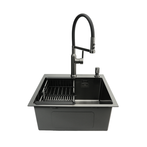 Комплект кухонной мойки Kroner KRP Schwarze 50х50HM PVD ST07 Grafite SL43840 фото