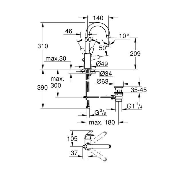 Смеситель для раковины Grohe Start Flow L-Size 23811000 с донным клапаном CV036275 фото
